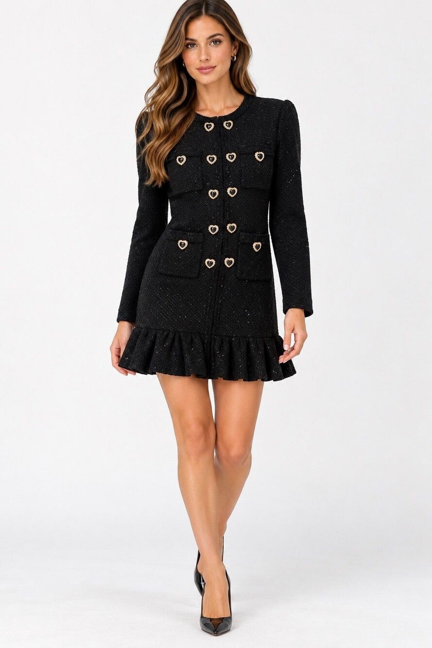Self-Portrait Black Sequin Knit Mini Dress L Heart Buttons Ruffle Coquette NWT
